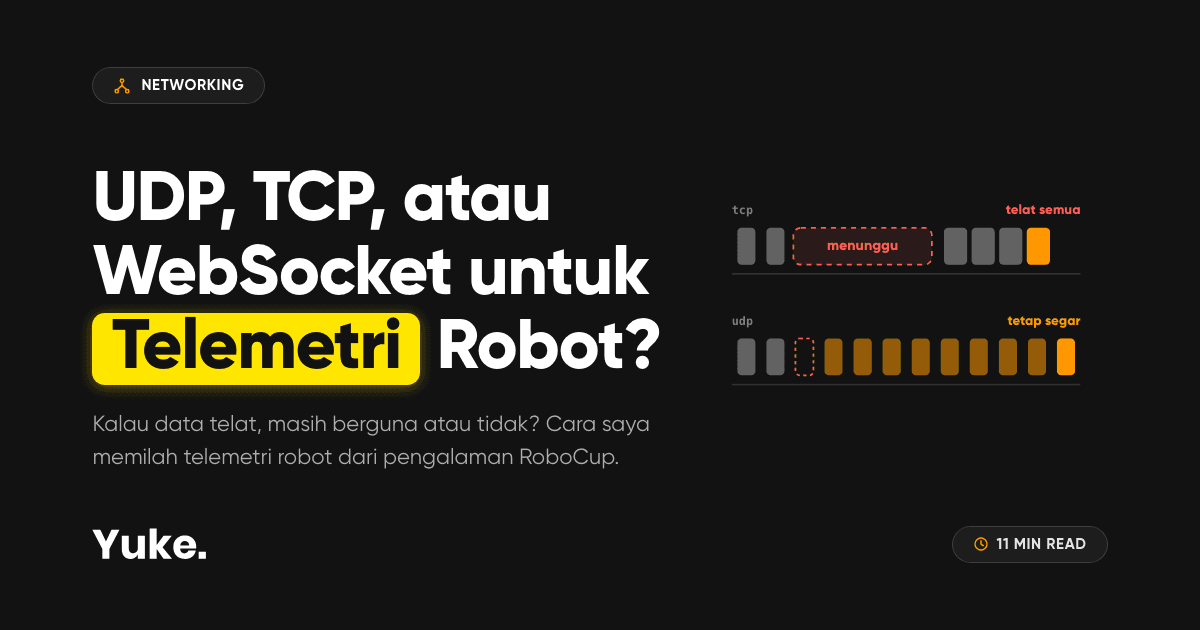 Dua baris paket telemetri: TCP menunggu paket yang hilang, UDP tetap segar